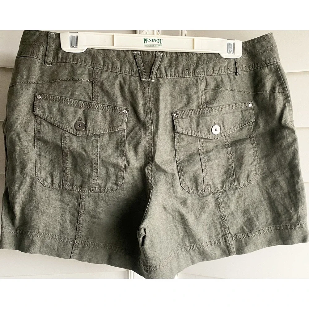 INC International Concepts Women 12 Olive‎ Green 100% Linen Shorts Rhinestone